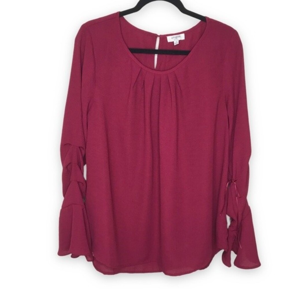 Umgee Gathered Neck Bell Flounce Lace Up Tie Sleeve Keyhole Back Women Medium